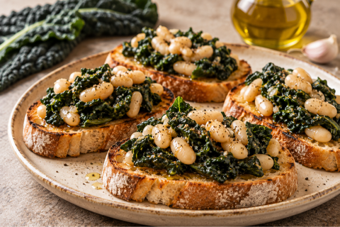 black cabbage and bean bruschetta