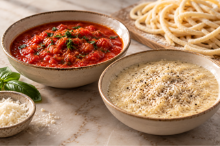 cacio e pepe and garlic tomato sauce with pici pasta