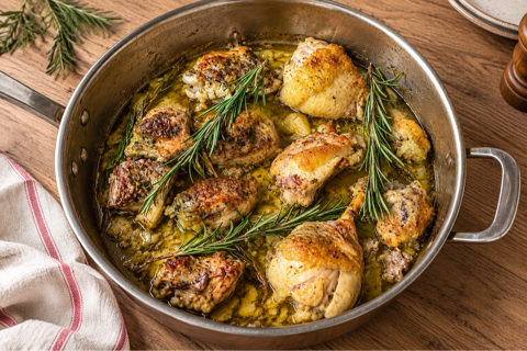 chicken stew with rosemary in pan