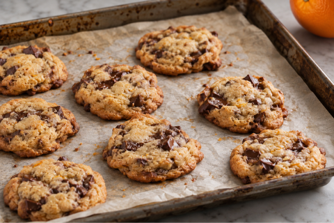 chocolate chip cookie on a baking sheet