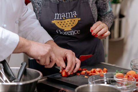 chopping strawberries