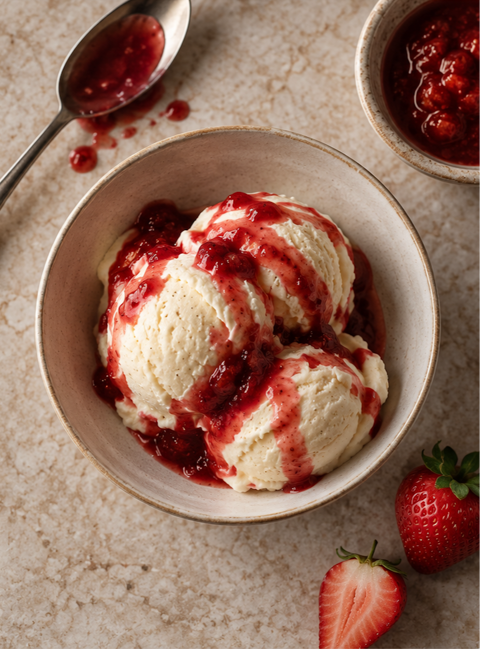 crema gelato with red berry sauce / strawberry