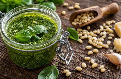 fresh basil pesto in a glass jar with pine nuts
