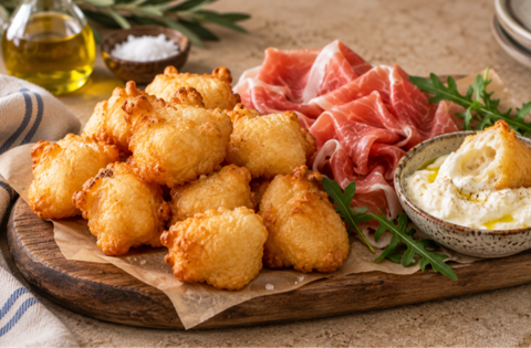 Fresh Florentine coccoli served with aged prosciutto crudo and creamy stracchino cheese