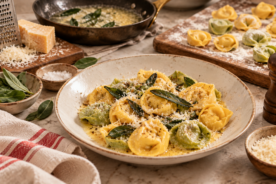 Handmade Tuscan tortelli served with butter, sage and grated Parmesan.