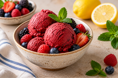 Homemade berry sorbetto served with fresh mixed berries and lemon
