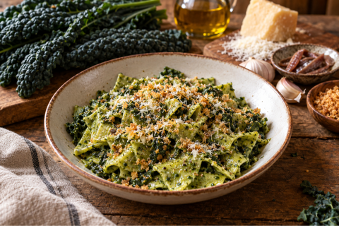kale pasta served in a bowl with tomatoes.