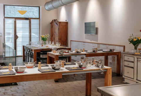 cooking school ready for class with cooking stations