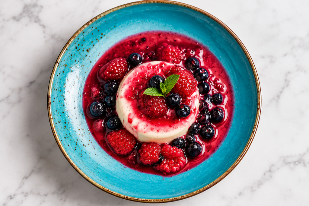 pana cotta with red berries on a blue plate