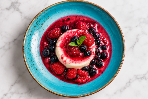 pana cotta with red berries on a blue plate