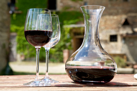 red wine in glass and decanter