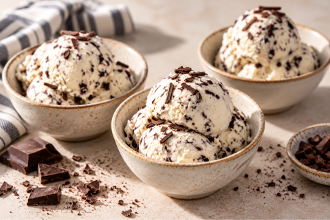 three bowls of chocolate chip ice cream / stracciatella gelato